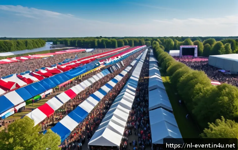 이벤트기획과 데이터 분석의 중요성 - A vibrant outdoor music festival scene in the Netherlands, showing diverse attendees wearing casual ...