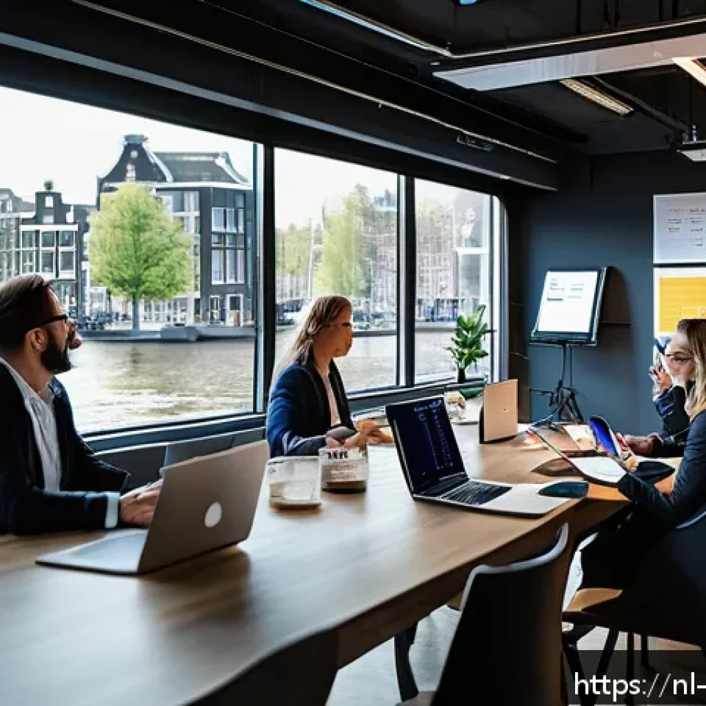이벤트기획 관련 직무 분석 - A modern professional event planning office scene in Amsterdam, featuring a diverse team of Dutch ev...