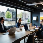 Home 16 이벤트기획 관련 직무 분석 - A modern professional event planning office scene in Amsterdam, featuring a diverse team of Dutch ev...