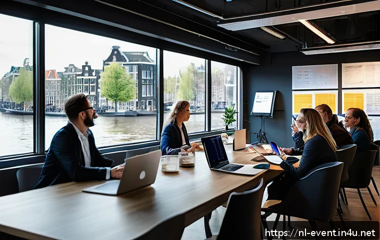 이벤트기획 관련 직무 분석 - A modern professional event planning office scene in Amsterdam, featuring a diverse team of Dutch ev...